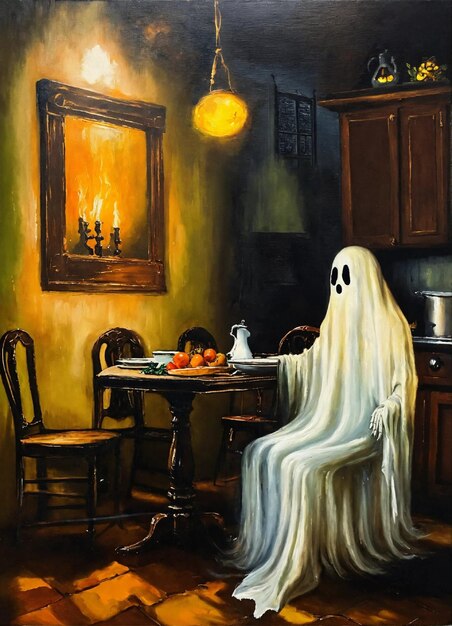 Foto un fantasma en una cocina antigua disfrutando de su pintura de aceite de harina