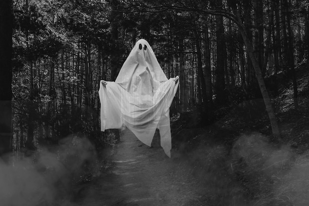 Fantasma de Halloween assustador e realista na floresta