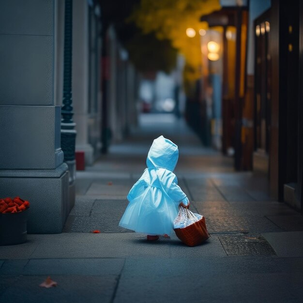 Fantasma de Halloween com uma cesta de doces na rua IA gerativa