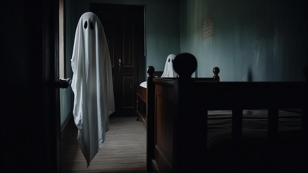Fantasma de Halloween em uma casa vazia e assustadora, fundo escuro e misterioso Maquete de banner de cabeçalho com