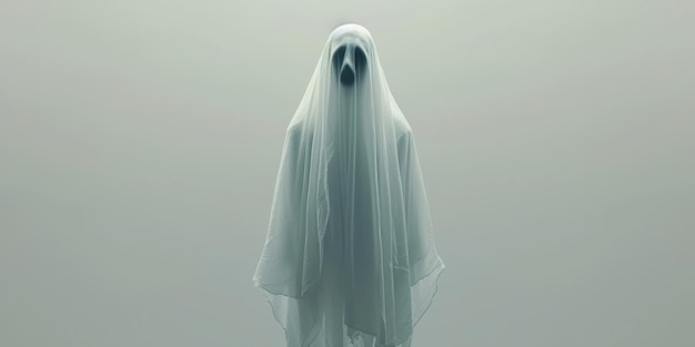 Fantasma de Halloween flutuando contra um fundo branco simples etéreo e misterioso