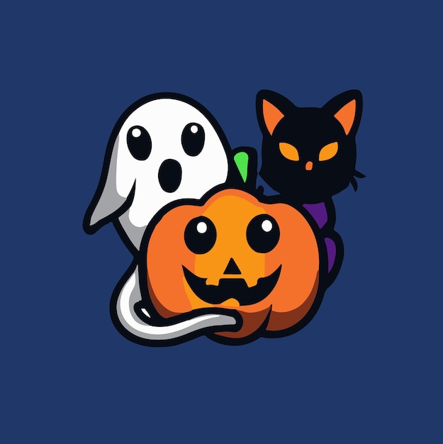 Fantasma de halloween fofo com abóbora maligna e ilustração de gato preto fantasma de desenho animado halloween