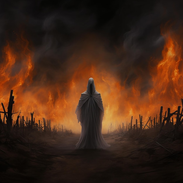 Fantasma de pé no campo de chamas