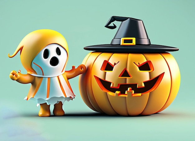 Fantasma de dibujos animados en 3D con cubo de calabaza