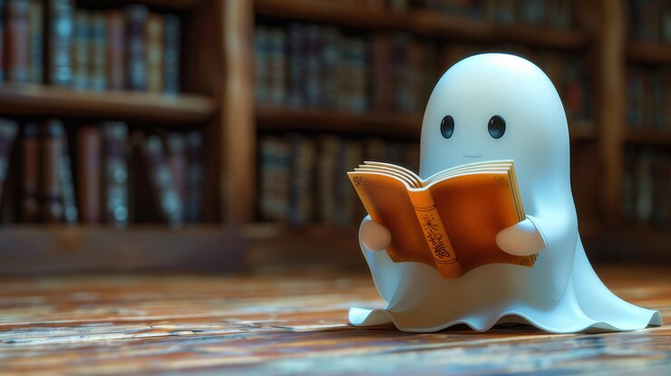 Un fantasma de dibujos animados en 3D leyendo un libro espeluznante de Halloween