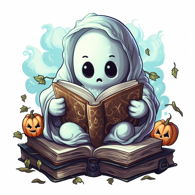 Foto un fantasma de dibujos animados leyendo un libro con calabazas a su alrededor