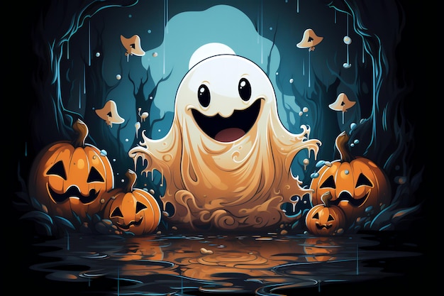 Fantasma de dibujos animados lindo Plantilla para una tarjeta de felicitación para Halloween IA generativa