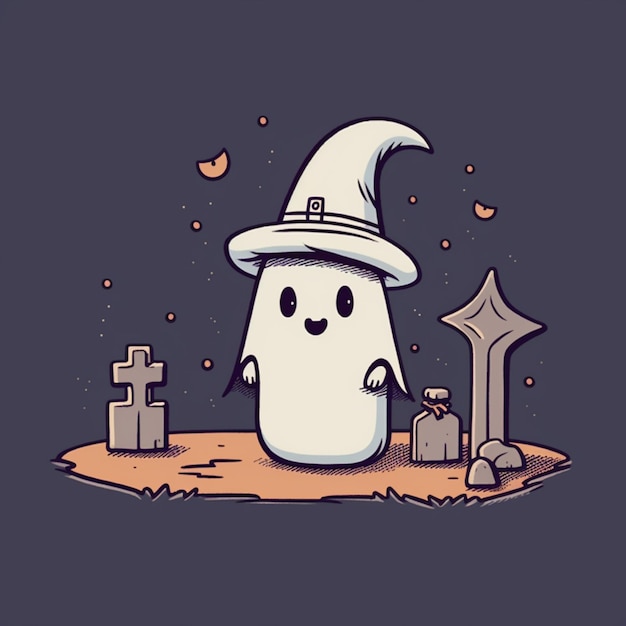 un fantasma de dibujos animados con un sombrero y una escoba parado en un cementerio ai generativo