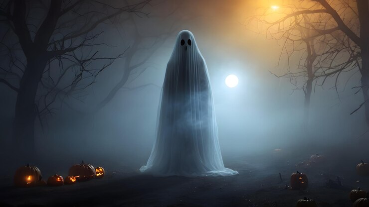 El fantasma de Eerie Boo en un bosque oscuro El fondo para los asustadores de Halloween