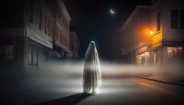 Un fantasma se encuentra en medio de una calle por la noche.