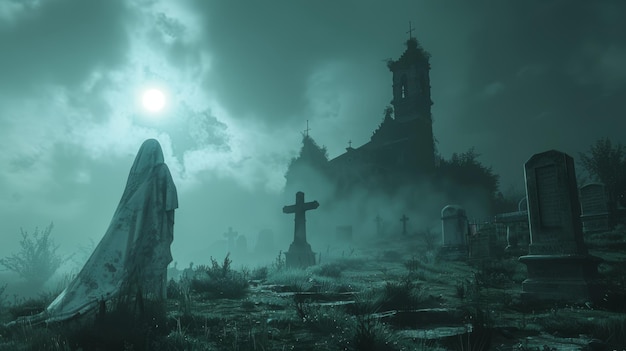 Un fantasma envuelto en una capa blanca se desliza sobre un cementerio de niebla su presencia enviando