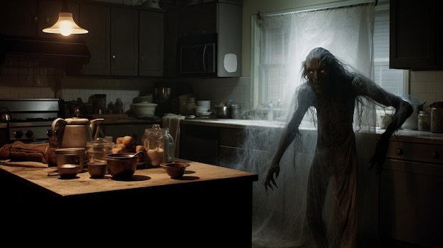 El fantasma de la esfinge espeluznante en la cocina foto ultra realista