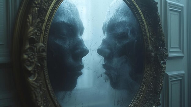 Foto fantasma en el espejo en la habitación espeluznante
