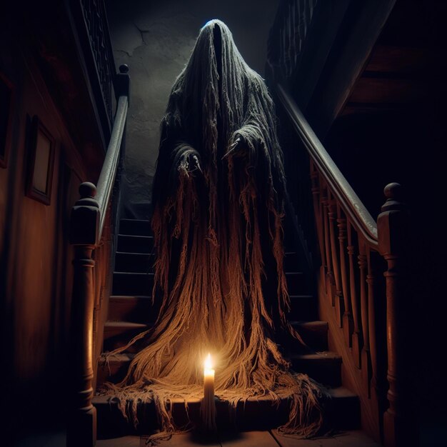 Un fantasma espeluznante cubierto de una capa desgastada de pie en una escalera