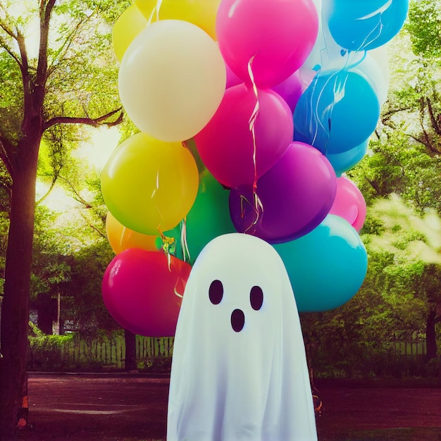 Un fantasma está de pie junto a un montón de globos con un fantasma en él.