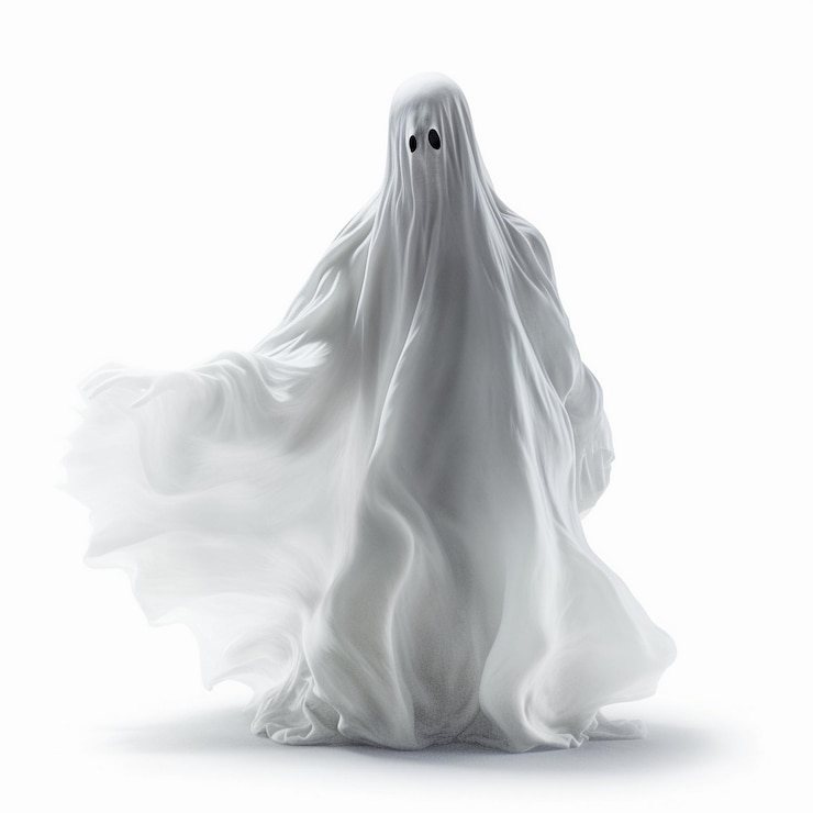 Foto un fantasma con un fantasma se muestra sobre un fondo blanco.
