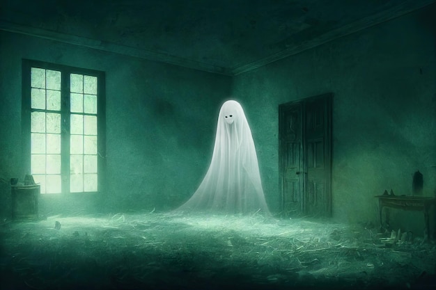 Fantasma femenino espeluznante blanco con cara triste en la habitación abandonada casa embrujada interior resplandor espeluznante atmósfera espeluznante ilustración digital 3D