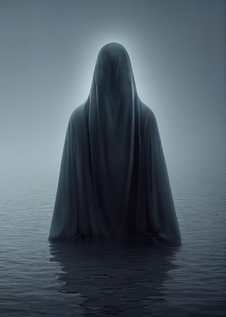 Fantasma flotante de un espíritu maligno sobre el agua en la niebla Vista frontal Ilustración digital