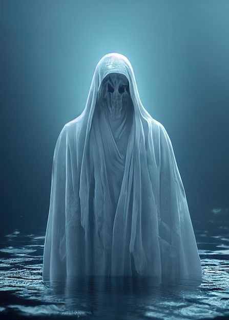 Fantasma flutuante de um espírito maligno acima da água no nevoeiro Vista frontal Ilustração digital