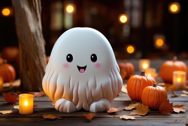Fantasma fofo de Halloween e abóboras ao fundo