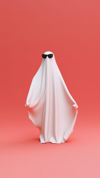 Un fantasma con gafas de sol lleva un disfraz de fantasma blanco.