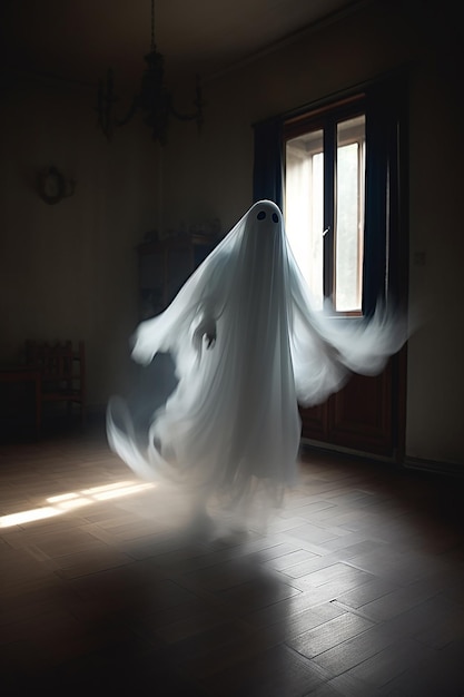 Un fantasma en una habitación oscura con el sol brillando a través de la ventana.