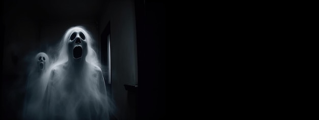 Foto fantasma de halloween en una casa vacía espeluznante fondo oscuro y misterioso modelo de pancarta de encabezado con