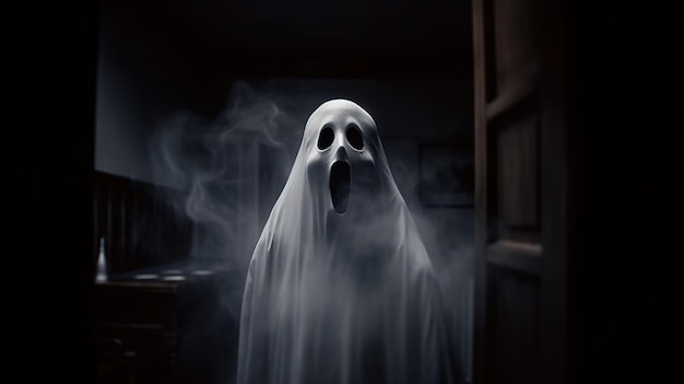 Fantasma de Halloween en una espeluznante casa vacía fondo oscuro y misterioso Maqueta de banner de encabezado con