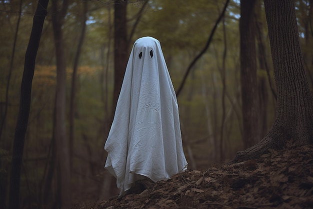 Fantasma infantil aterrador en el bosque Concepto de Halloween Enfoque selectivo