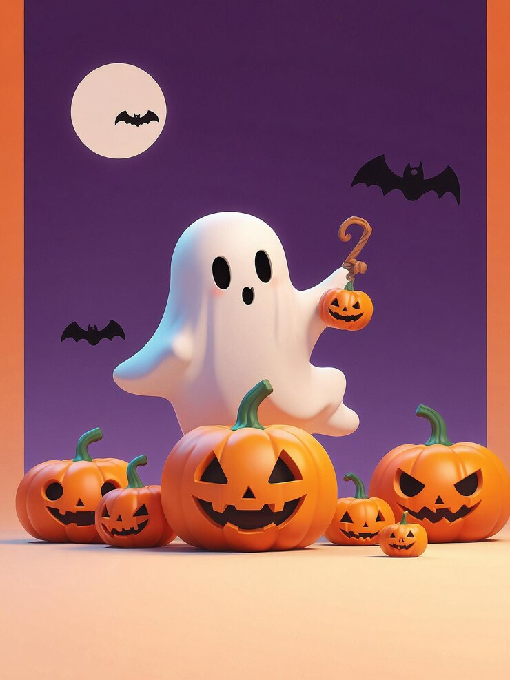 el fantasma lindo y la calabaza están bailando con fondo naranja tema de Halloween