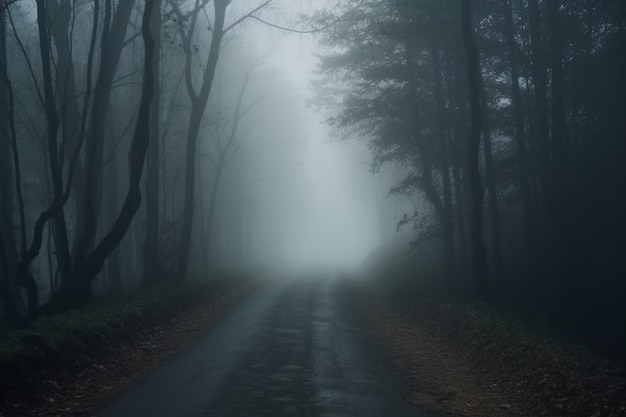 Fantasma na estrada assustadora no mundo paranormal Sonho horrível Floresta estranha em uma névoa Mística