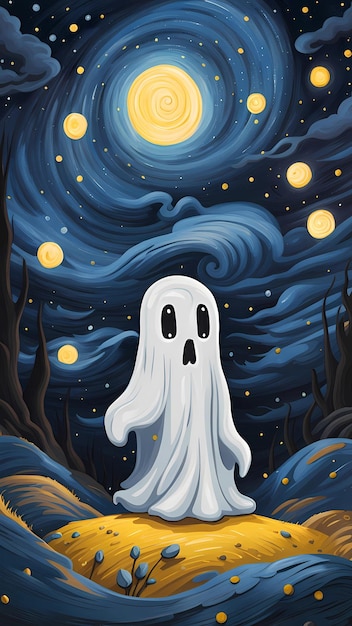 Fantasma en la noche estrellada concepto de diseño de personajes de dibujos animados ilustración de halloween