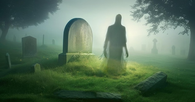 Fantasma oscuro espeluznante que se levanta de una tumba sin nombre en un cementerio en una noche de niebla IA generativa