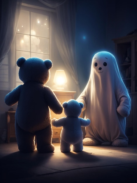 un fantasma con un osito de peluche y un osito de peluche en una habitación con una ventana al fondo.