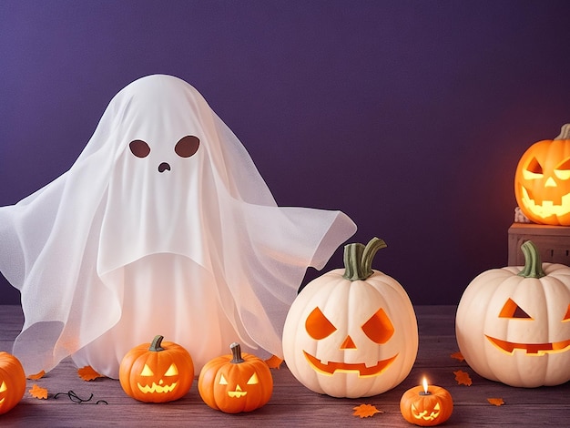 Fantasma para abóboras de Halloween com velas à noite geradas por IA