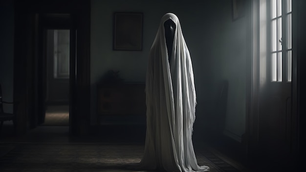 Un fantasma parado en una habitación oscura con una luz que entra por la ventana.