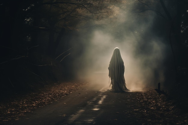 El fantasma de pie en el bosque de niebla de otoño