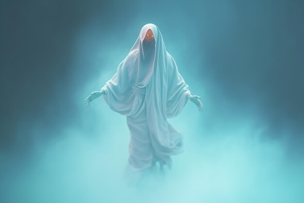 un fantasma de pie en la niebla con los brazos extendidos