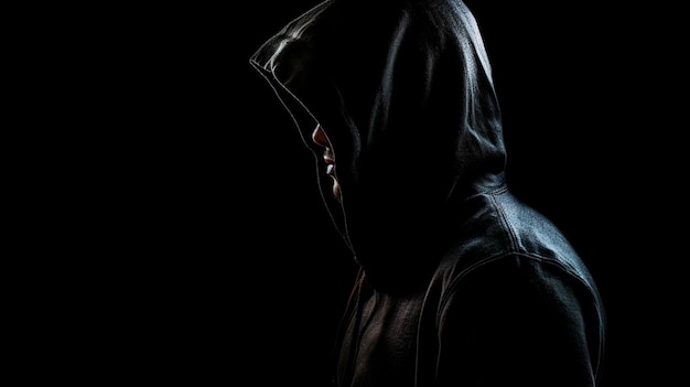 Fantasma pirata informático criminal aterrador capucha anónimo espeluznante diablo peligro silueta sombra negro cara miedo horror noche personaje símbolo identidad gamberro desconocido feliz Halloween espacio cibernético IA generativa
