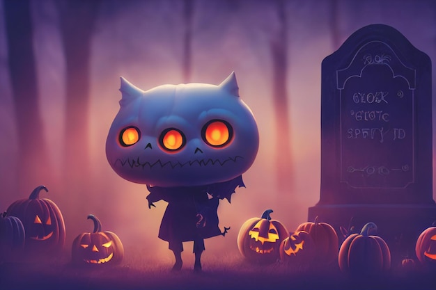 Fantasma de representación 3D como una linda figura chibi en un cementerio para Halloween. Feliz Halloween fondo de pantalla