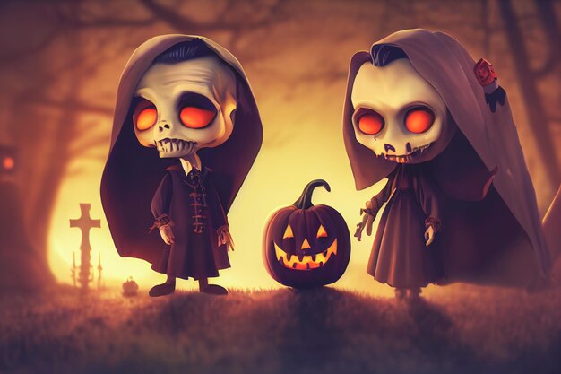 Fantasma de representación 3D como una linda figura chibi en un cementerio para Halloween. Feliz Halloween fondo de pantalla