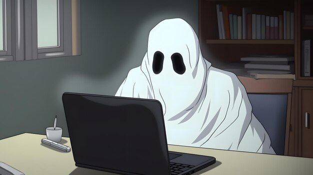 Un fantasma en una sábana blanca está sentado en un escritorio con una computadora portátil.