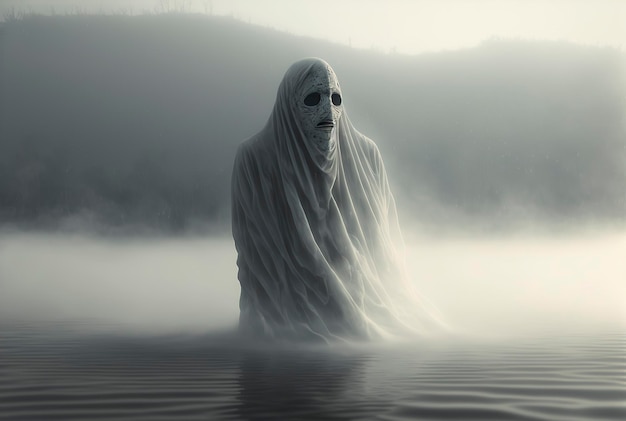 Fantasma sai da água em um fantasma matinal nublado em mortalha branca
