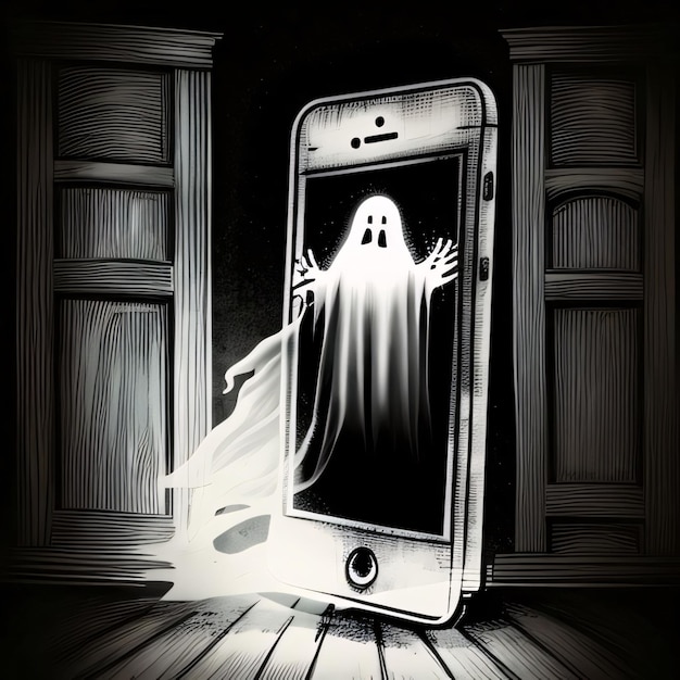 Fantasma saindo de um telefone móvel fundo de Halloween ilustração vetorial