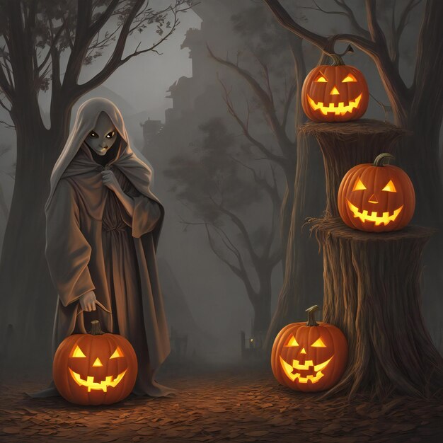 Fantasma segurando um jack o lantern em uma árvore assustadora design de Halloween