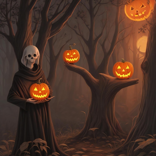 Fantasma segurando um jack o lantern em uma árvore assustadora design de Halloween