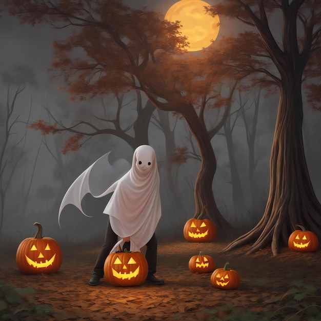 Fantasma segurando um jack o lantern em uma árvore assustadora design de Halloween