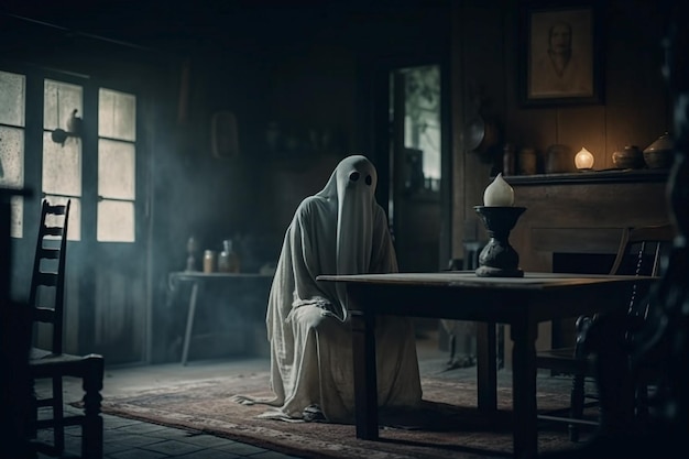 Un fantasma se sienta en una mesa en un cuarto oscuro con una lámpara sobre la mesa.