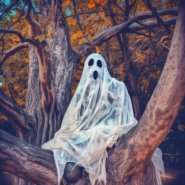 Foto un fantasma se sienta en la rama de un árbol en un bosque.