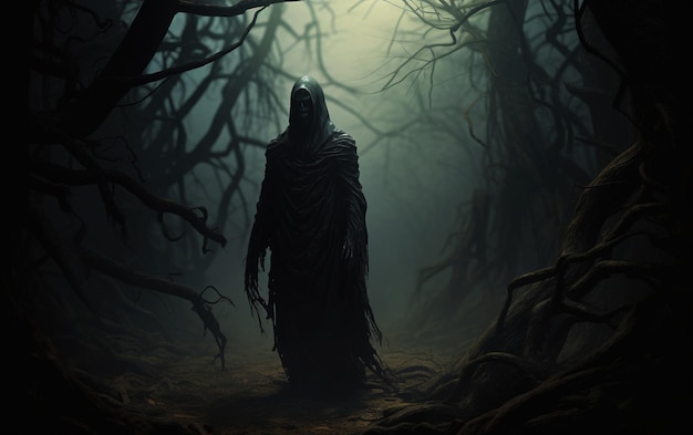 Fantasma solitário nas sombras cena de terror escuro de alto detalhe em floresta isolada